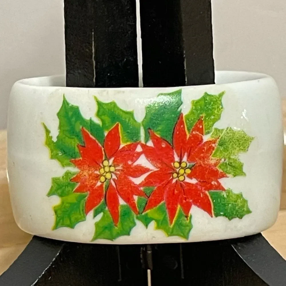 Porcelain Poinsettia & Holly Christmas Napkin Rings Festive Holiday Design 3 Set